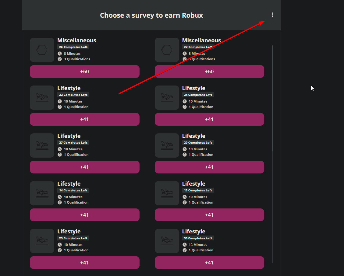 ayeT Studios offerwall with the three dot menu highlighted