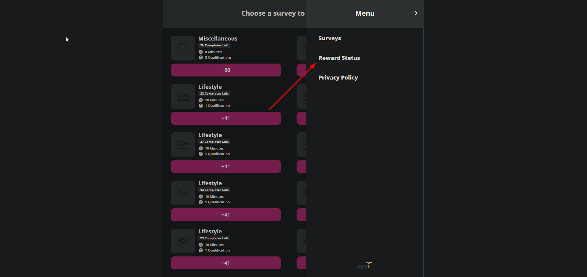 ayeT Studios menu with Reward Status highlighted
