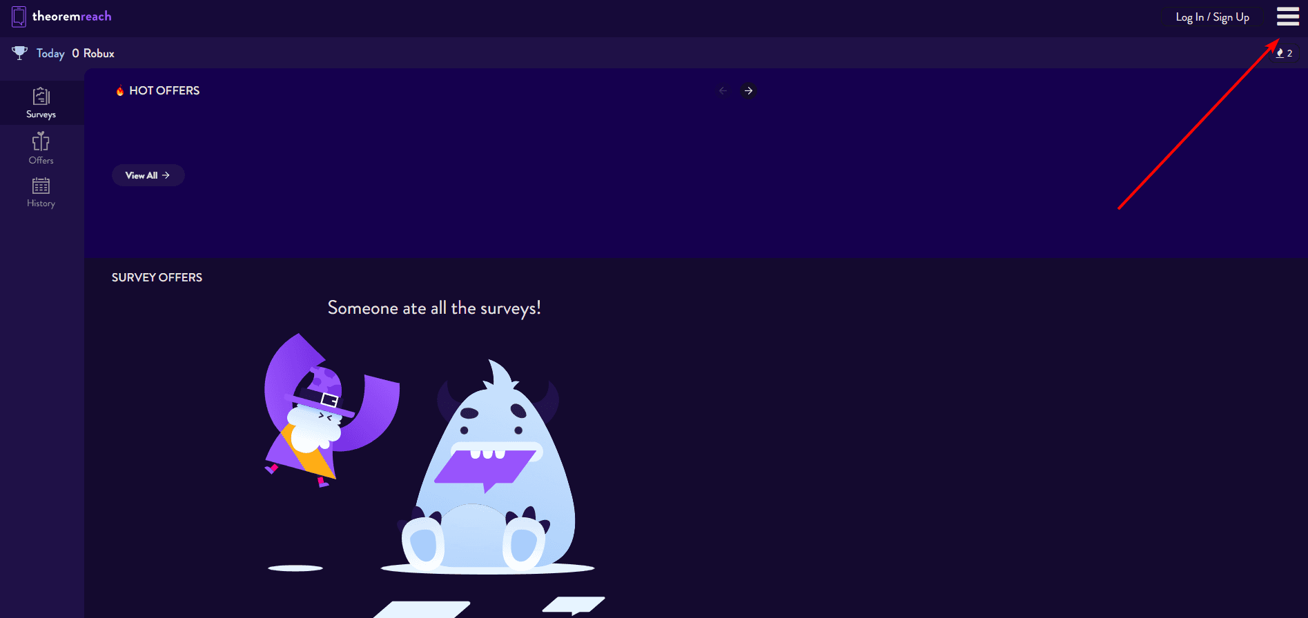TheoremReach offerwall with the menu icon highlighted