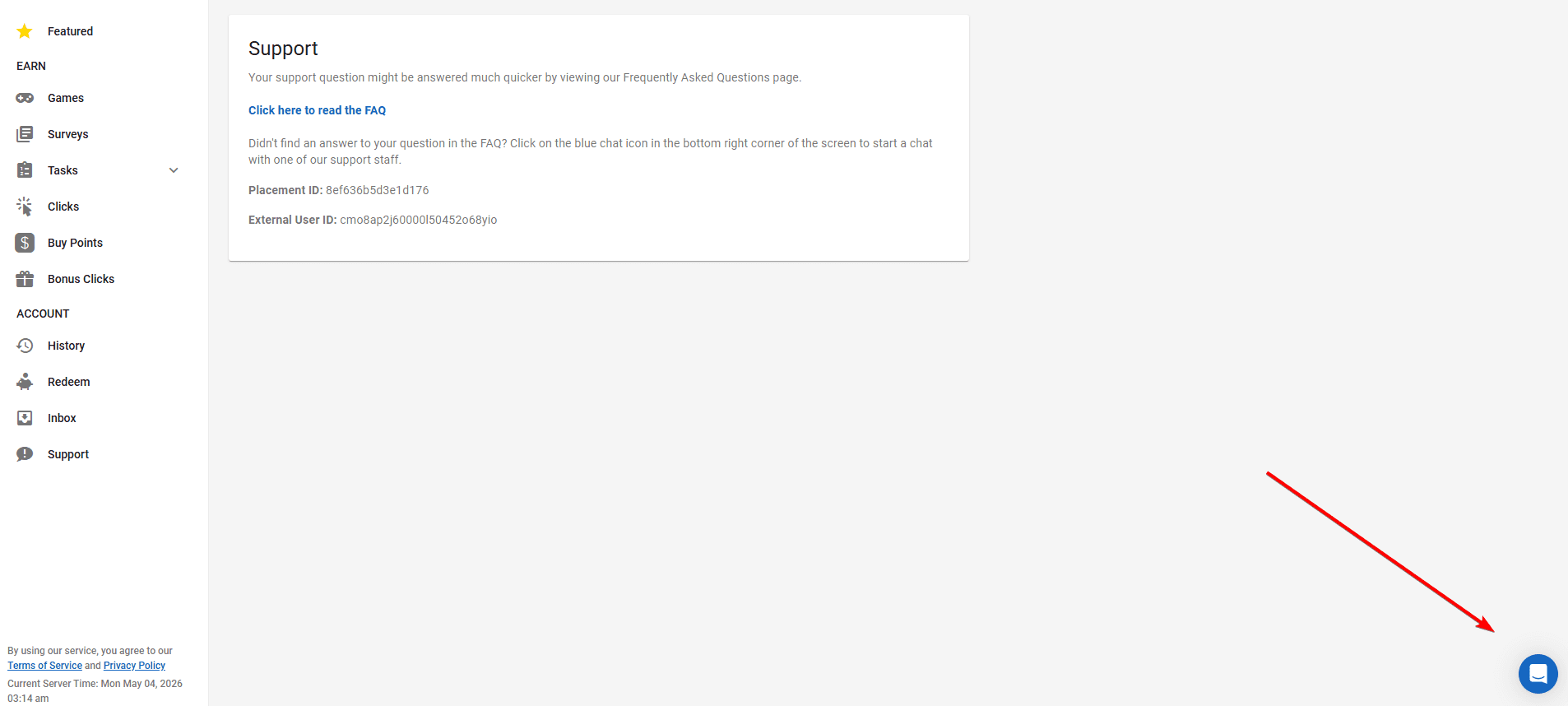 Timewall support page with the chat button highlighted