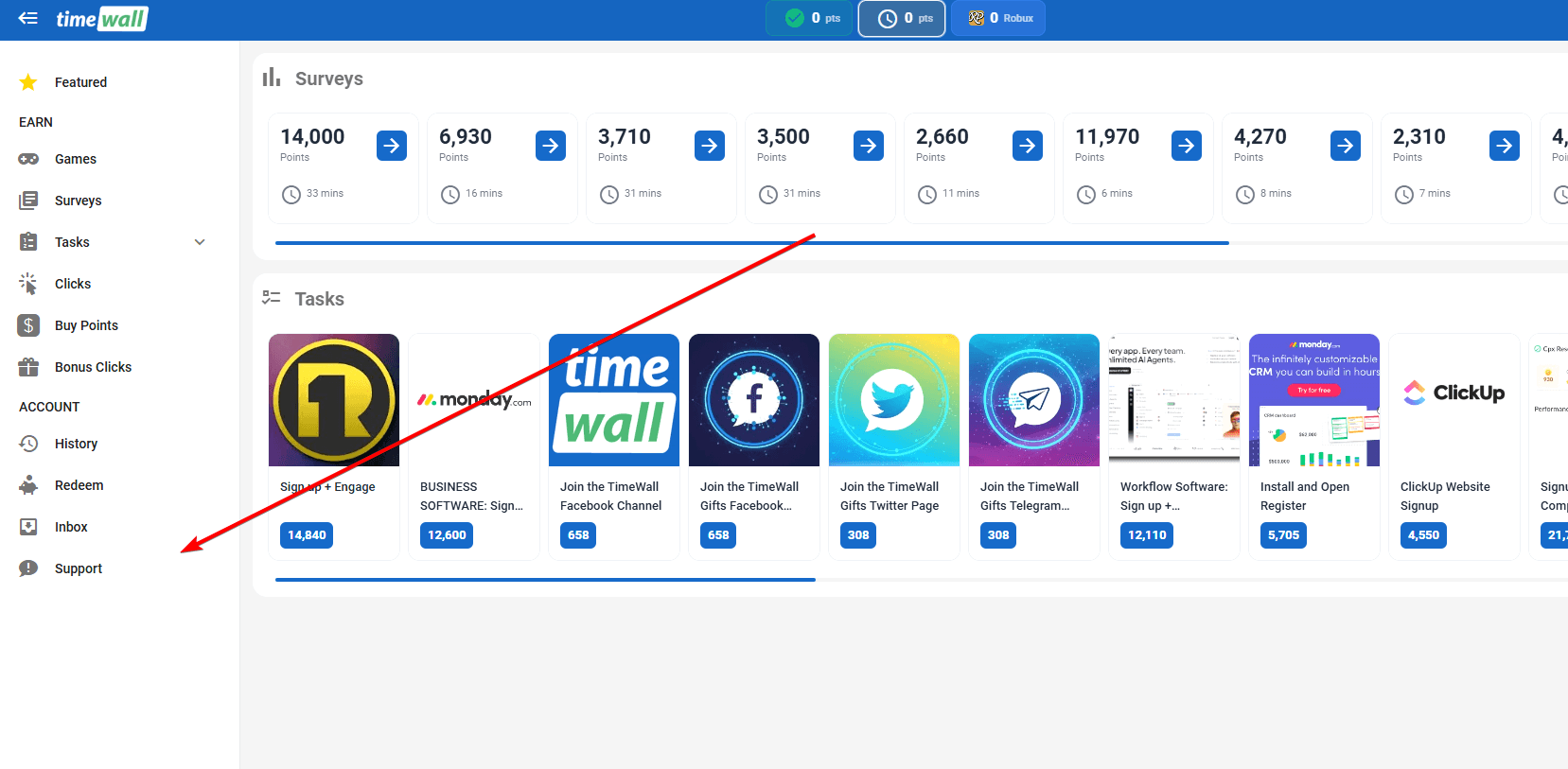 Timewall sidebar with the Support option highlighted